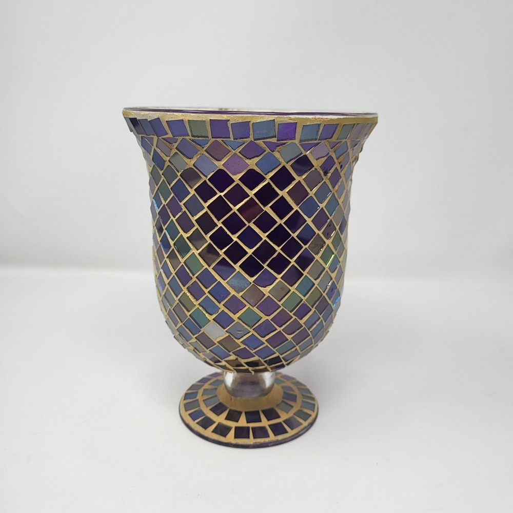 8" purple mosaic glass pedestal‎ hurricane candle holder Iridescent Decorative